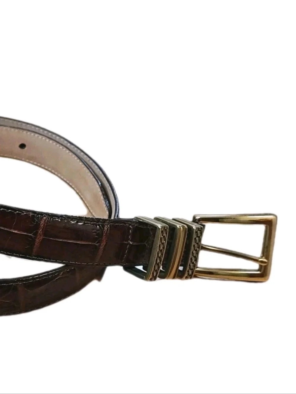Vtg 90s Brighton USA 40068 Brown Gator Leather Belt Brass Sz 32/M/L Fits 28-32